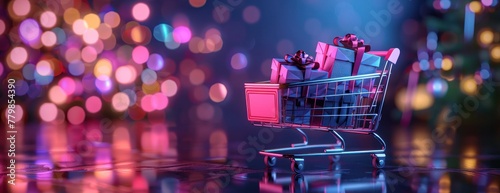 Rendu 3D d'un chariot de supermarché avec des boîtes cadeaux colorées à l'intérieur, sur un fond sombre et lumineux.