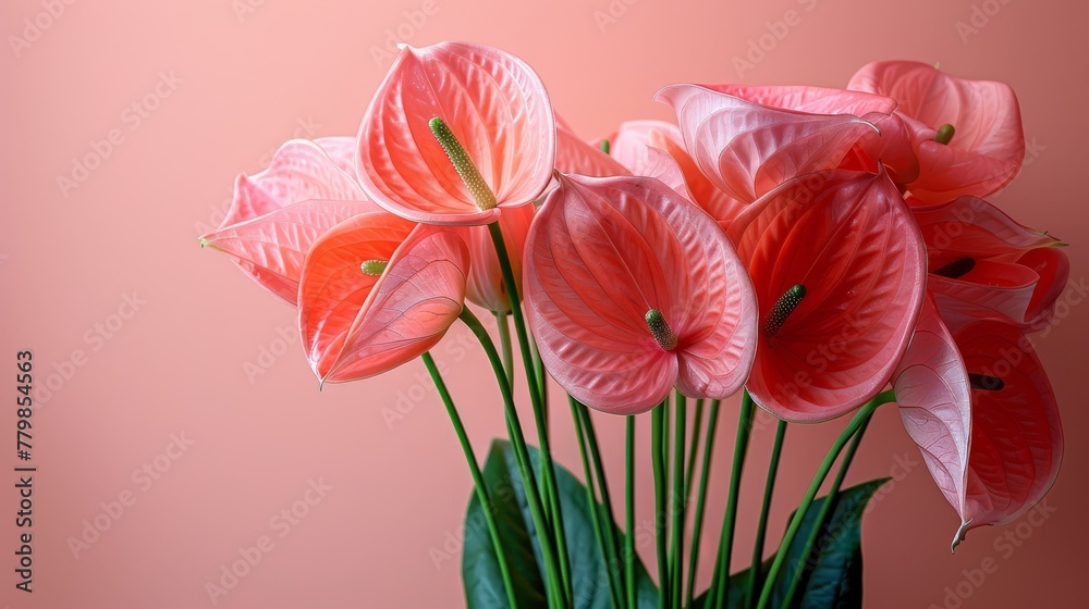 A pink background features a vase filled with numerous pink flowers, surrounded by a single green plant in its center A pink background features a vase filled with numerous pink flowers, surrounded by a single green plant in its center