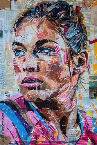 raffiti portrait of a female rugby player, her resolute expression highlighted by a meticulously crafted jersey of pink and blue stripes, formed entirely from colorful newspaper clippings