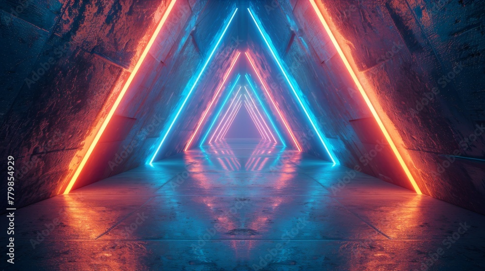 This is an image of a modern laser neon led pantone blue light with a glowing line of fluorescent lights in a tunnel, a triangle hall, and a concrete corridor that is empty and a show room with - obrazy, fototapety, plakaty 