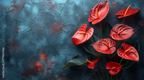  A painting featuring a red flower cluster against a blue and gray backdrop, with a solitary red blossom at the picture's center