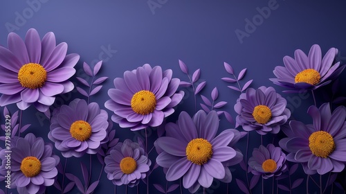   A background of purple and blue  featuring several purple flowers with yellow centers at their hearts The central focus is a solitary yellow bloom