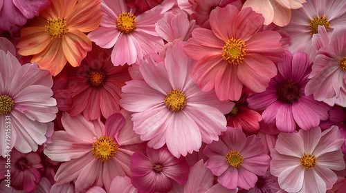   A tight shot of various flowers  pink blooms at the image s core  with central pink blossoms prominent