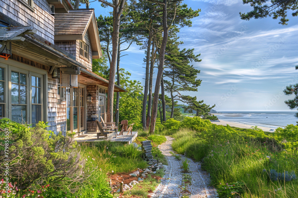A coastal Craftsman home with shingle siding, a panoramic view deck, and a path leading down to a private beach, blending traditional charm with a maritime setting. A coastal Craftsman home with shingle siding, a panoramic view deck, and a path leading down to a private beach, blending traditional charm with a maritime setting.