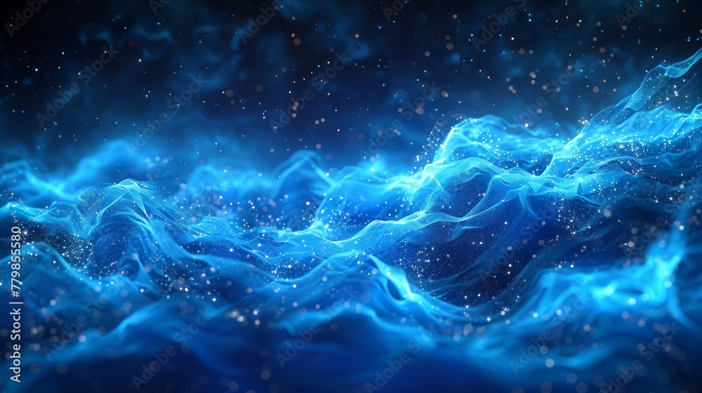 An abstract blue futuristic backdrop with a wave of digital particles in motion. 3D rendering.