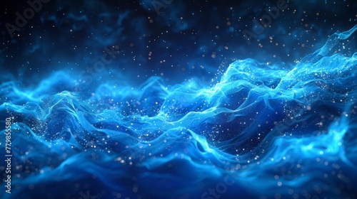 An abstract blue futuristic backdrop with a wave of digital particles in motion. 3D rendering.