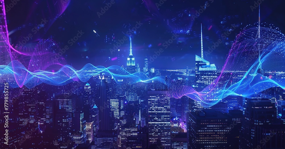 Futuristic cityscape with digital wave overlay, skyline at dusk and vibrant combination of nature and technology