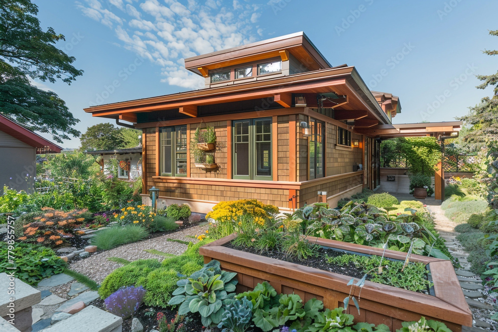 A compact Craftsman cottage in an urban setting, with a rooftop garden, reclaimed wood siding, and energy-efficient design, blending historical charm with modern sustainability.