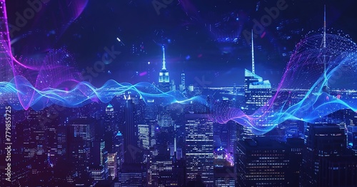 Futuristic cityscape with digital wave overlay  skyline at dusk and vibrant combination of nature and technology