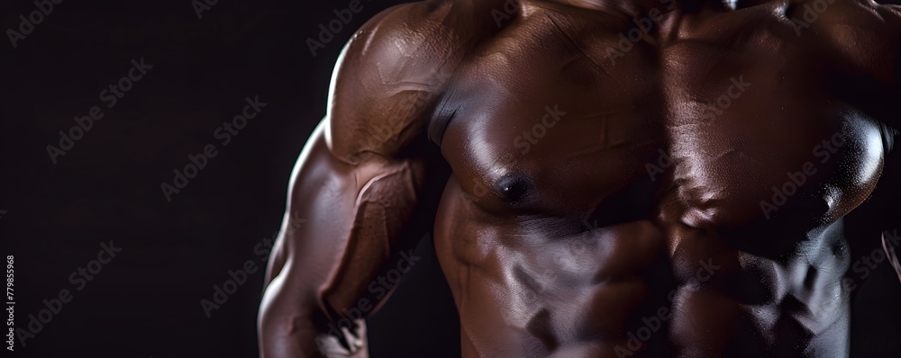 Muscular man abs, shaped abdominal. Strong male naked torso, bodybuilder working out with black background Muscular man abs, shaped abdominal. Strong male naked torso, bodybuilder working out with black background