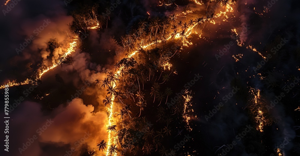 A devastating wildfire engulfs a lush forest: a powerful display of nature's fury and beauty amid chaos