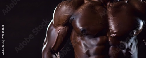 Muscular man abs, shaped abdominal. Strong male naked torso, bodybuilder working out with black background © Karen Yomalli
