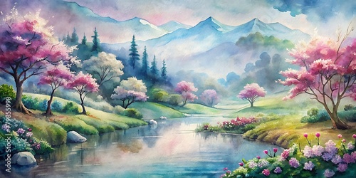 Spring Watercolor Landscape, Spring Watercolor flowers, Spring Background Blooming Flowers and Tranquil Scenery