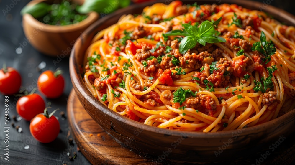   A tight shot of a bowl filled with spaghetti, topped with meat and veggies, sits next to a secondary bowl of tomatoes on the table