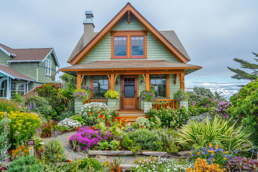 A compact Craftsman cottage with a colorful garden, decorative trim, and a cozy front porch, located in a seaside village, reflecting the charm of coastal living.