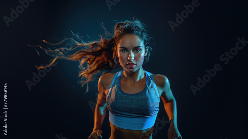 athletic girl in sportswear with prominent muscles runs on a black background, beautiful studio light, fitness, training, woman, runner, athlete, lifestyle, portrait, people