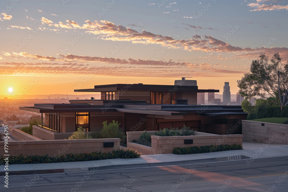 Obraz premium A contemporary Craftsman home with a minimalist aesthetic, using a restrained palette of materials to highlight the beauty of simplicity and craftsmanship, set against an urban skyline.