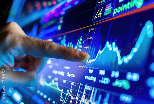 Dynamic financial analysis: hand pointing to bright stock market charts in digital interface