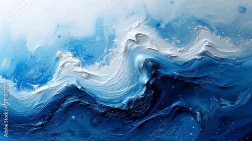   A painting of blue-and-white waves against a matching backdrop  with water droplets at the wave s base