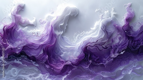   A painting of purple and white swirls against a gray backdrop, bottomed by a black-and-white stripe photo