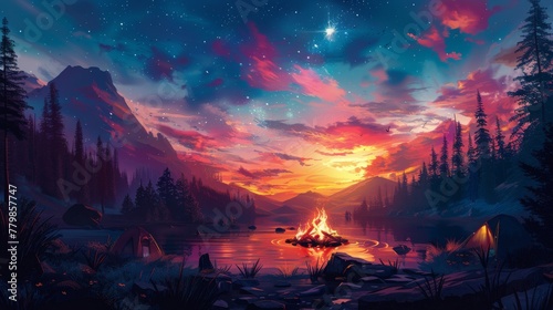 Sunset Painting With Campfire