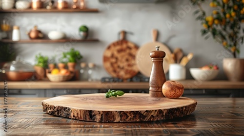 Elegant wood tabletop foreground with a gently blurred kitchen backdrop  ideal for showcasing kitchenware