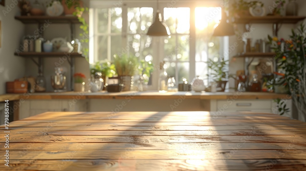 Elegant wood tabletop foreground with a gently blurred kitchen backdrop, ideal for showcasing kitchenware Elegant wood tabletop foreground with a gently blurred kitchen backdrop, ideal for showcasing kitchenware