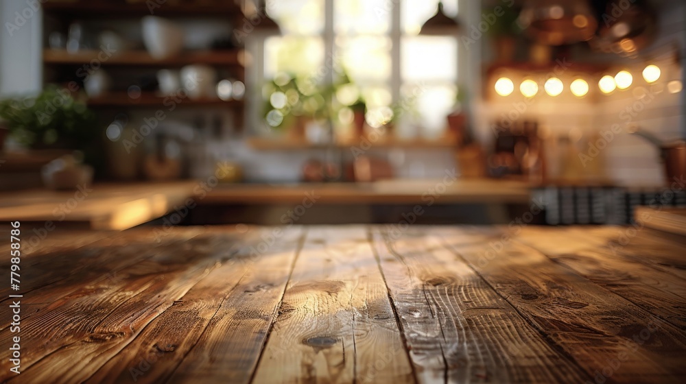 Smooth wooden surface with a soft-focus kitchen scene behind, perfect for product displays and design mockups Smooth wooden surface with a soft-focus kitchen scene behind, perfect for product displays and design mockups