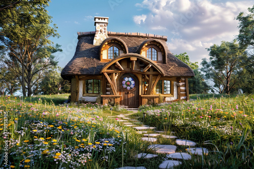 A cozy Craftsman cottage with a thatched roof, leaded glass windows, and handcrafted wooden details, set in a wildflower meadow with a stone footpath leading to the front door.