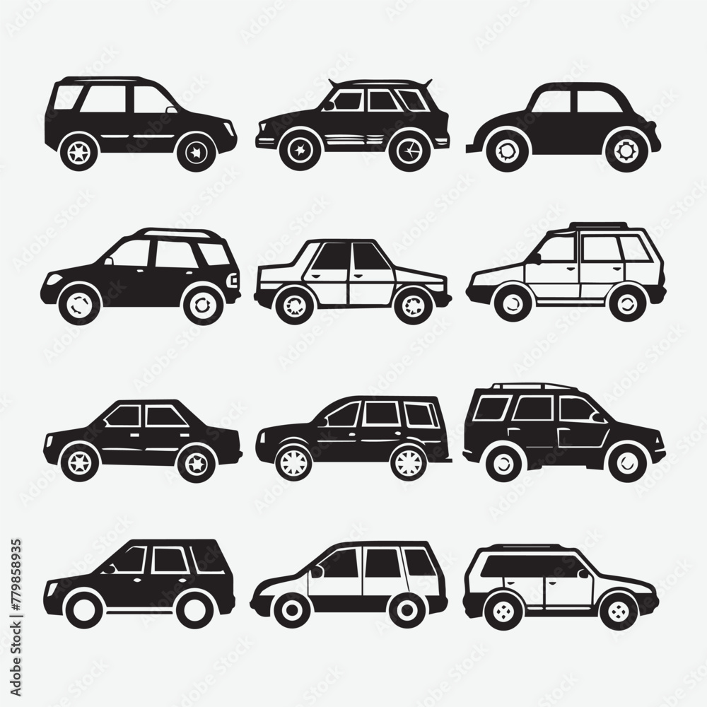 Simple Set of Car Vector Line Icons. Sports car logo icon set. Motor vehicle silhouette emblems. Auto garage dealership brand identity design elements. Vector illustrations.