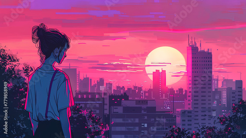 Synthwave anime manga illustration, city life, sunset, lofi vibes, dusk © Ainima Art