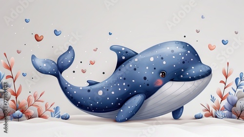 An adorable baby blue whale pattern on a white background