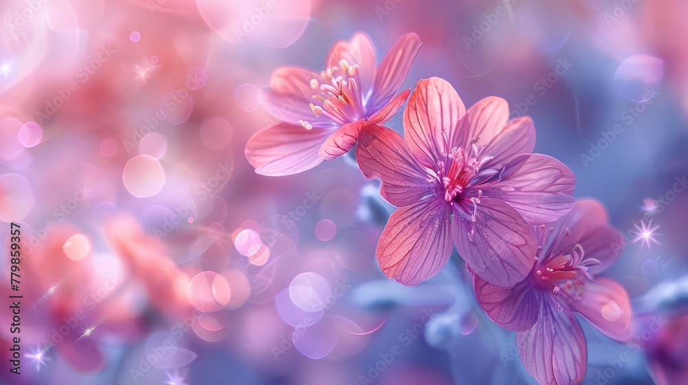   A tight shot of two pink blossoms against a backdrop of blue and pink Background features soft lights, subtly blurred