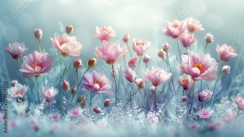  A painting of a large cluster of pink flowers against a blue backdrop White and pink blooms populate the foreground