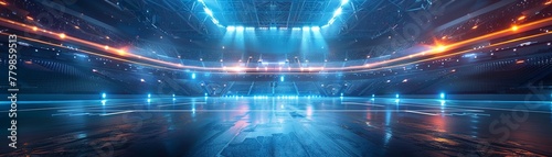 Future sports arena, futuristic, wide angle, competitive, brightly lit , illustration photo