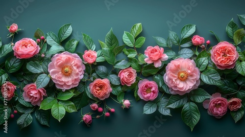   A blue backdrop holds a cluster of pink blossoms, their green stems and leaves contrasting against it The border encircling this scene consists of interwoven green leaves
