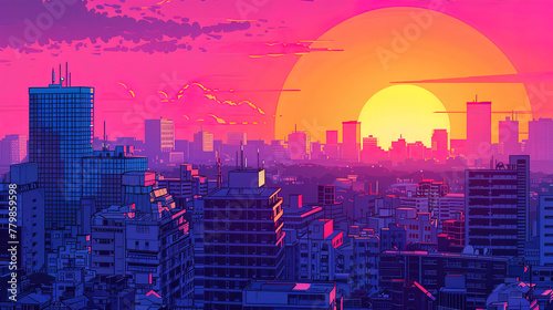 Synthwave anime manga illustration  city life  sunset  lofi vibes  dusk