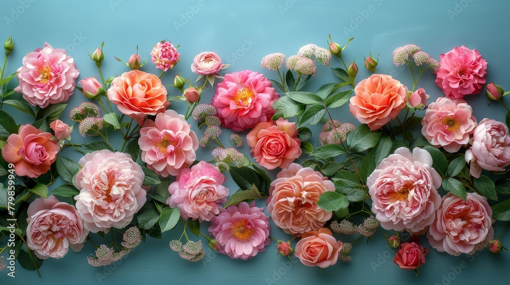 A cluster of pink and orange blooms against a blue backdrop, featuring green foliage in frame's center A cluster of pink and orange blooms against a blue backdrop, featuring green foliage in frame's center
