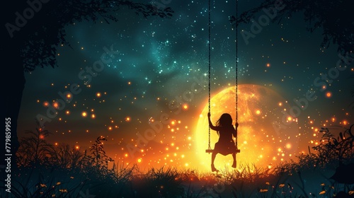 An illustration of a bright blue landscape of nature with a girl swinging on a swing and rejoicing at the big moon on vacation © Diana