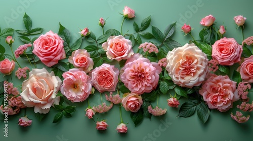   A group of pink and white flowers with green leaves against a light green background