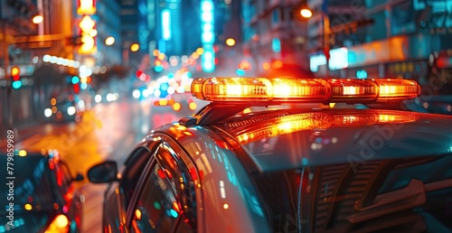 Illuminated police car lights at night in a busy city, reflecting city neon signs and street lights