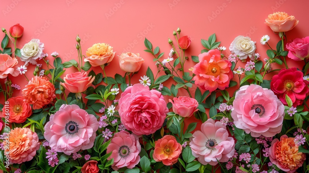   A pink background filled with clusters of pink and orange blossoms Green foliage adorns the wall's edge