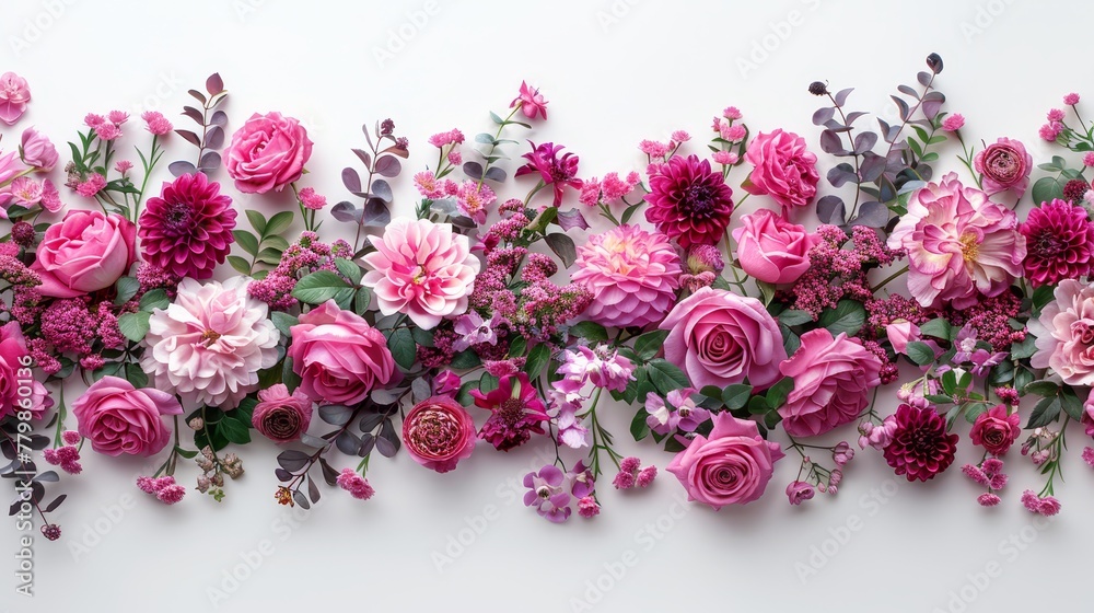 A white background filled with an array of pink and purple blooms Flowers cascade down the side of the wall, featuring both petals and leaves A white background filled with an array of pink and purple blooms Flowers cascade down the side of the wall, featuring both petals and leaves