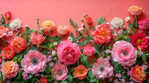   A pink background filled with clusters of pink and orange blossoms Green foliage adorns the wall s edge