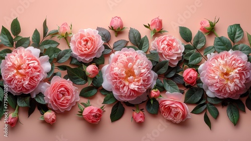   A pink flower cluster adorns a pink wall, accompanied by a green leafy plant branch