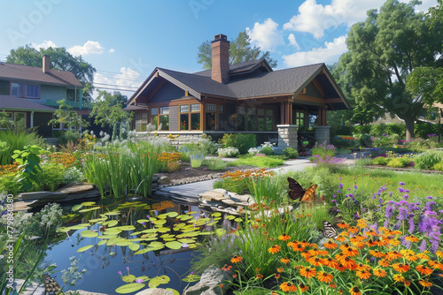 A Craftsman bungalow with a native plant garden, butterfly-attracting flowers, and a small pond, creating an eco-friendly habitat in a suburban neighborhood.