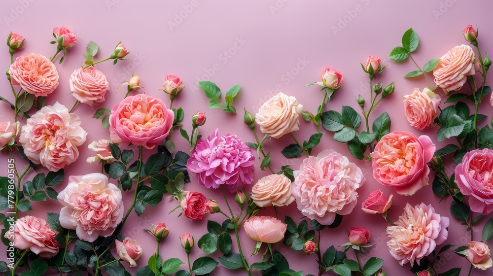   A pink background filled with red and pink blooms Green leaves and flowers along the wall's edge