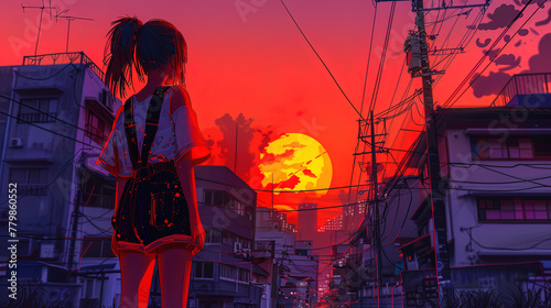 Wallpaper Mural Synthwave anime manga illustration, city life, sunset, lofi vibes, dusk Torontodigital.ca