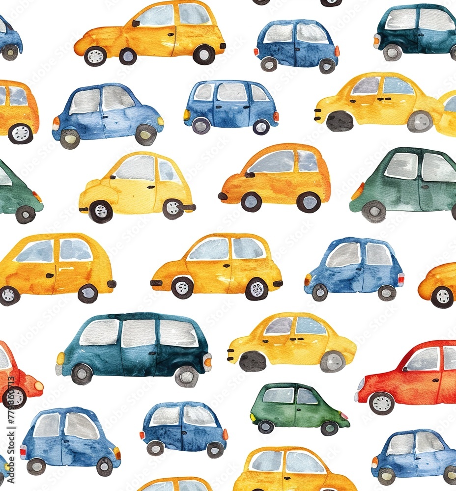 Bright watercolor pattern with cars: seamless design of hand-painted cars in various colors