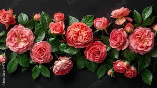  A black background features a group of pink roses with green leaves, encircled by a border of smaller pink roses and green leaves